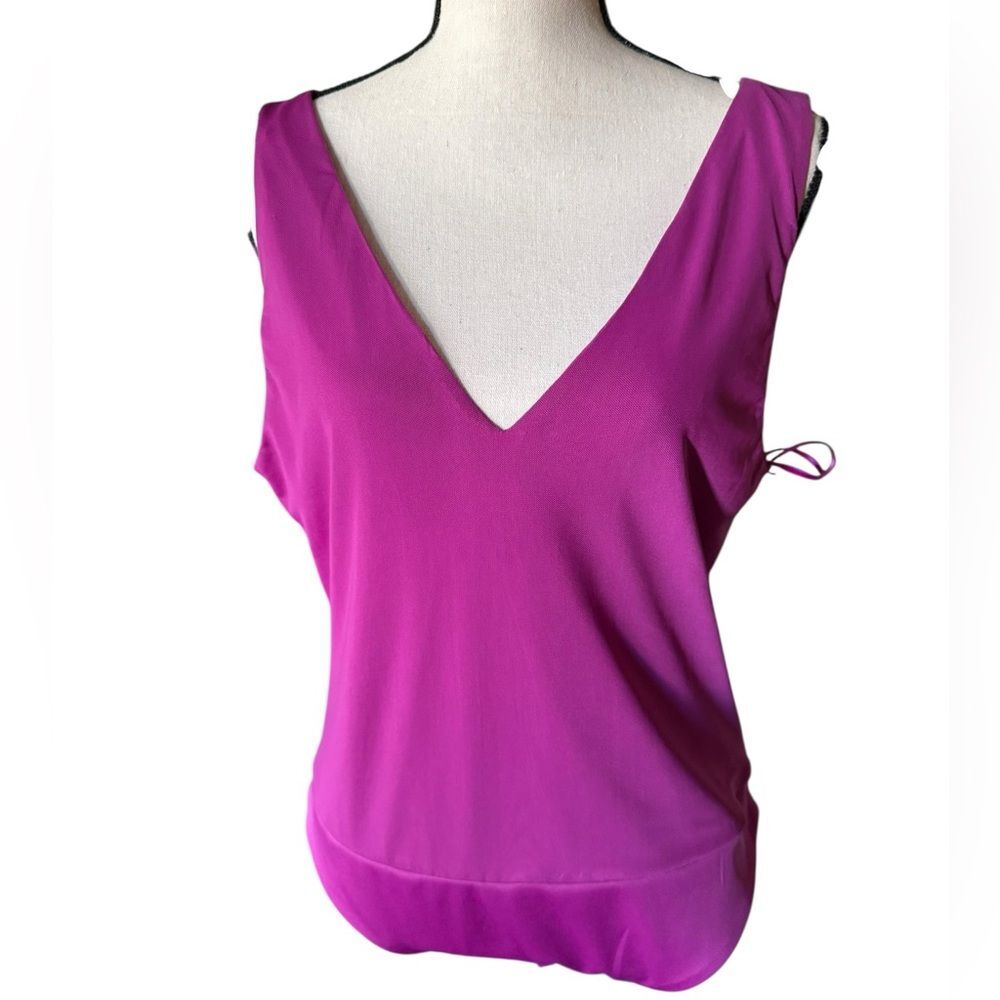 AFRM bright fuchsia Pink Sleeveless v-neck & back plunge body suit mesh top XL